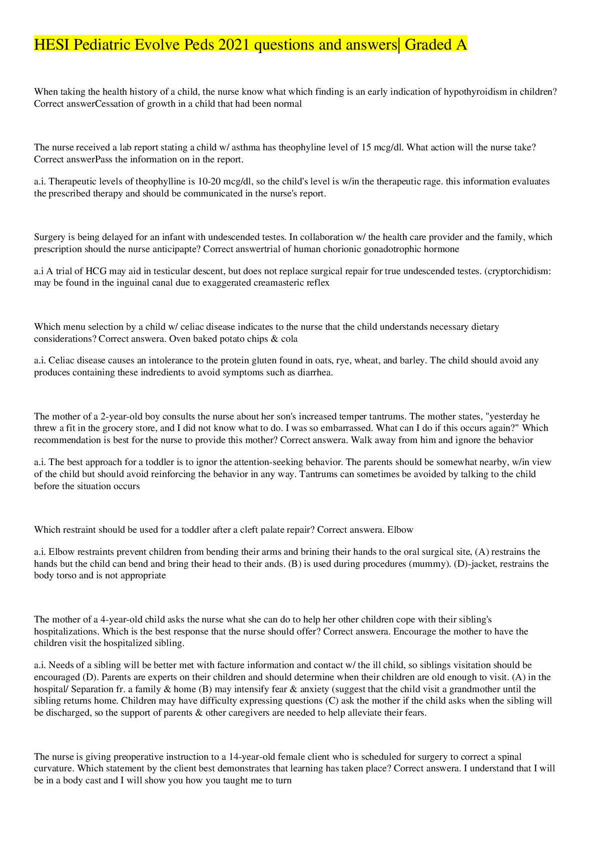 Preview image for HESI Pediatric Evolve Peds 2021 questions and answers| Graded A